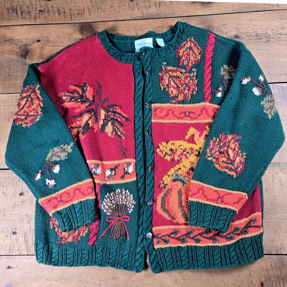 Vtg Croft & Barrow Hand Knit Fall Sweater Cardigan L Pumpkin Leaf Patchwork 90s